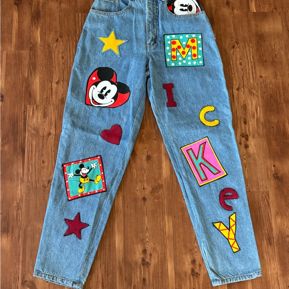 Vintage High Waisted Disney Women's Blue Jeans with Mickey Mouse Design